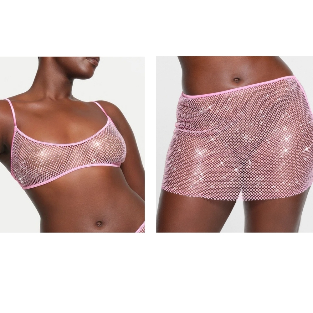 NWT SKIMS X SWAROVSKI STRETCH NET SKIMPY SCOOP & MINI SKIRT SET IN BUBBLEGUM